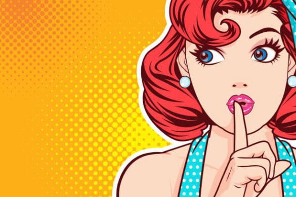 woman with finger on lips, silence gesture, pop art style woman banner, shut up.Woman with message Shhh for stop talk