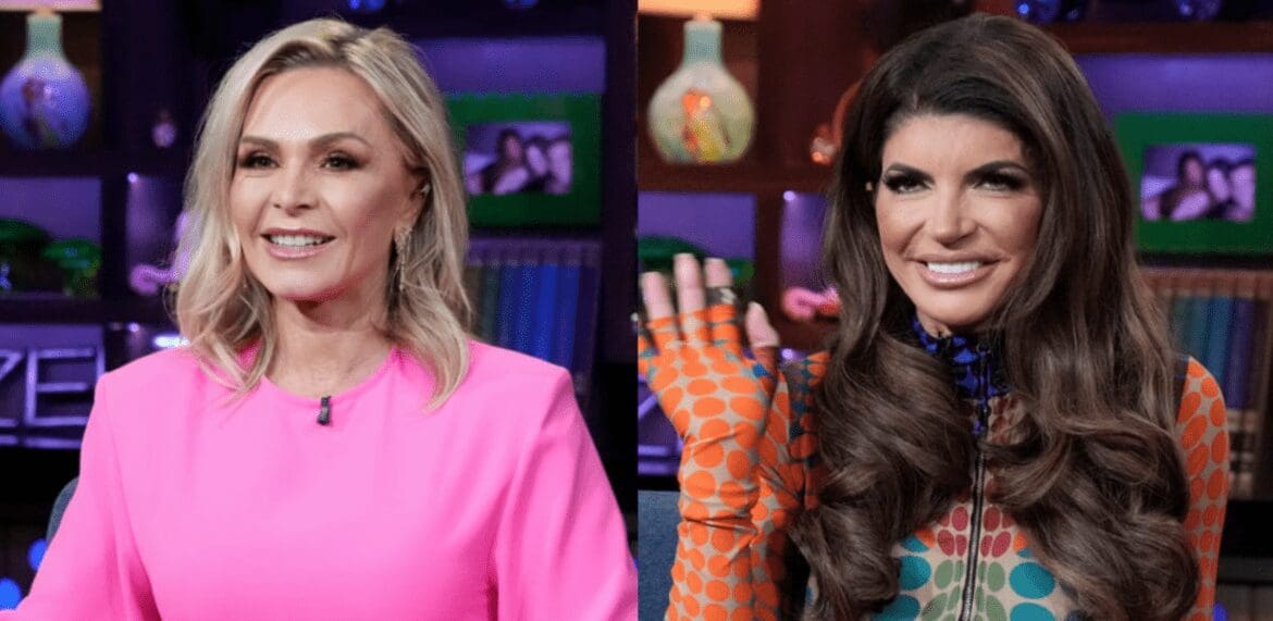tamra-judge-teresa-giudice-wwhl Tamra Judge smiles in hot pink dress on WWHL; Teresa Giudice waves to the camera on WWHL while wearing multi-colored bodysuit
