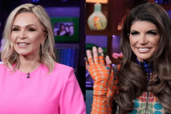 Tamra Judge smiles in hot pink dress on WWHL; Teresa Giudice waves to the camera on WWHL while wearing multi-colored bodysuit