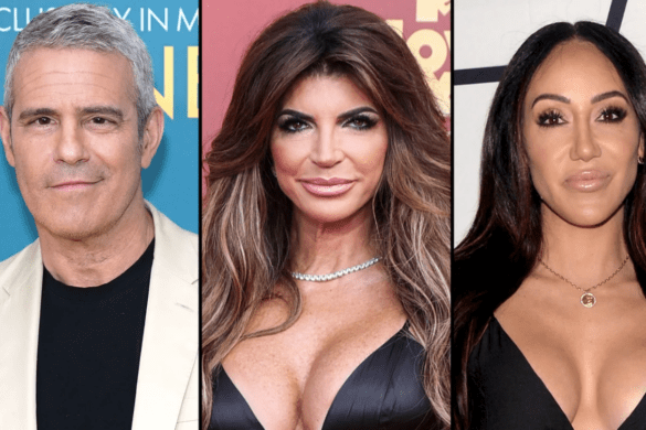 Andy Cohen, Melissa Gorga, and Teresa Giudice pose on red carpet wearing black.