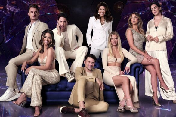 Vanderpump Rules season 11 stars James Kennedy, Scheana Shay, Tom Sandoval, Lisa Vanderpump, Tom Schwartz, Ariana Madix, Lala Kent, and Katie Maloney pose for season 11 cast photo.