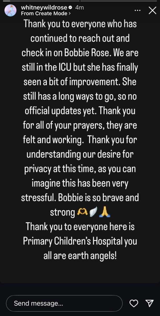 Whitney Rose shares an update on her daughter Bobbie who remains in the ICU