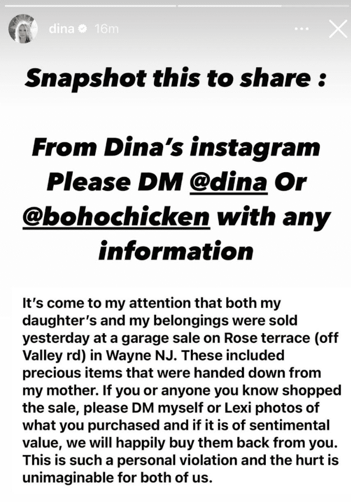 Dina Cantin Reveals Both Her And Her Daughter's Belongings Were Sold At A Garage Sale In NJ; Asks For Help In Locating "Precious" Items