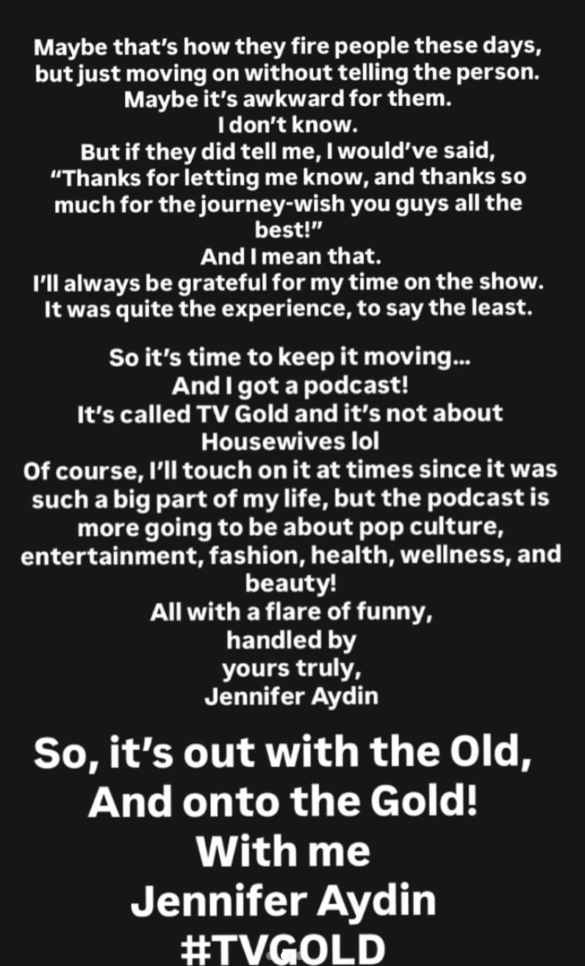 Jennifer Aydin Confirms She’s Out of RHONJ After Six Seasons & Reveals She Wasn’t Invited to BravoCon Jennifer Aydin Confirms She’s Out of RHONJ After Six Seasons & Reveals She Wasn't Invited to BravoCon