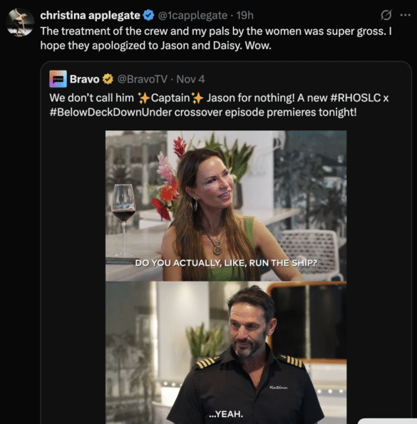 Christina Applegate Apologizes to ‘RHOSLC’ Cast After Calling Their Behavior “Super Gross” Toward ‘Below Deck’ Crew Christina Applegate Apologizes to ‘RHOSLC’ Cast After Calling Their Behavior “Super Gross” Toward ‘Below Deck’ Crew