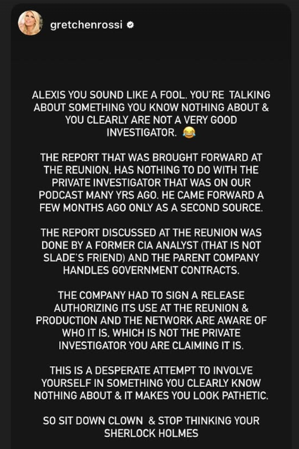 Alexis Bellino Accuses Gretchen Rossi’s Cyber Analyst of Being “Slade’s Friend,” Claims Report Isn’t Credible, Gretchen Fires Back: “Sit Down Clown” 7 Alexis Bellino Accuses Gretchen Rossi’s Cyber Analyst of Being “Slade’s Friend,” Claims Report Isn’t Credible, Gretchen Fires Back: “Sit Down Clown”