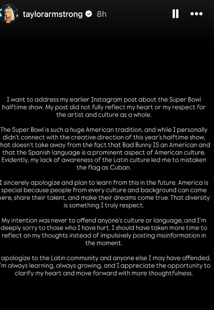 Taylor Armstrong Apologizes After Bad Bunny Halftime Show Backlash: “My Post Did Not Reflect My Heart”