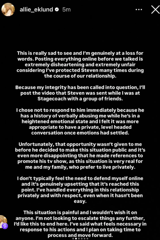 Allie Eklund Fires Back After Steven McBee Jr.’s Cheating Claims, Accuses Him of “Verbal Abuse”