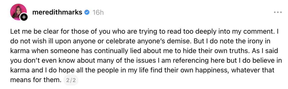 Meredith Marks Says It’s “Ironic” When Rumors About Her Manifest In The People Who Spread Them Amid Whitney Rose Separation 