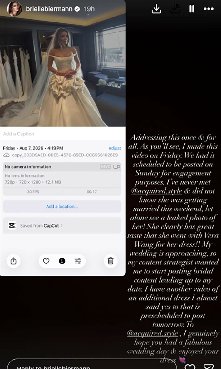 Brielle Biermann Denies Shading Brigette Pheloung After Posting Herself In Same Vera Wang Wedding Dress